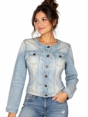 TRADITION Light Wash Distressed Denim Jacket Floral Lined Pockets Fitted Size M